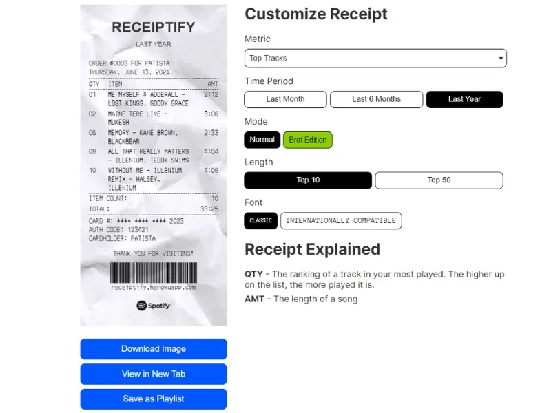 Receiptify To Generate a Spotify Receipt